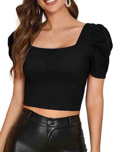Istyle Can black colour Solid Plain Puff Sleeve Short Sleeve Square Neck Slim Fit Stretchable Lycra Blend Crop Top for Women size S